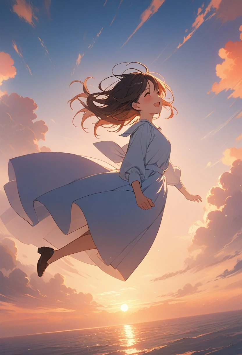 masterpiece, Highest quality, Movie stills, One girl, Cloud Girl, Floating in the sky, close, bright, Happy, Warm and soft lighting, sunset, (spark:0.7)