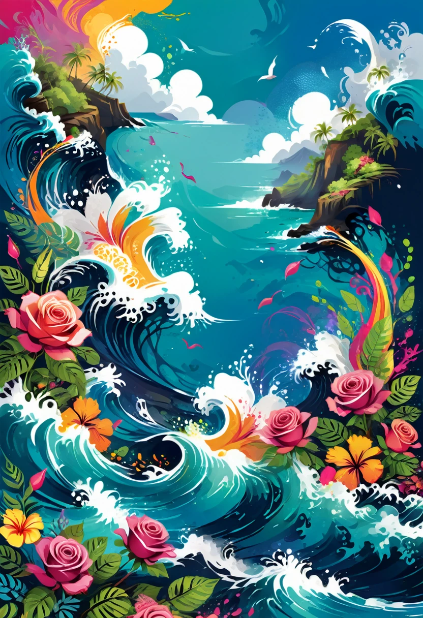 vectorial art, Colorful illustration with roses, At the center, swirly vibrant colors, paint splashes and smears, high détail,Background with Hawaii island
(work of art, best qualityer, proffesional, perfect composition, very aesthetic, absurdrez, super verbose, details Intricate:1.3)