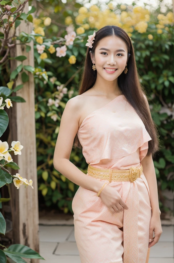 (realistic),(Masterpiece:1.2), (best quality:1.2),look at viewer,amazing gesture,(Thai traditional dancing in green frangipani garden:1.2),golden hour,The light is dim.,Rim Light,(pink frangipani:1.2),
1 girl,((comfortable pink)),(decorations:1.2),long hair,(Kanok pattern:1.25), (smile), (35 mm lens), kodak film, big breasts