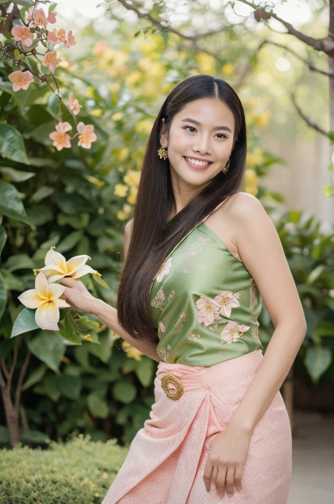 (realistic),(Masterpiece:1.2), (best quality:1.2),look at viewer,amazing gesture,(Thai traditional dancing in green frangipani garden:1.2),golden hour,The light is dim.,Rim Light,(pink frangipani:1.2),
1 girl,((comfortable pink)),(decorations:1.2),long hair,(Kanok pattern:1.25), (smile), (35 mm lens), kodak film, big breasts