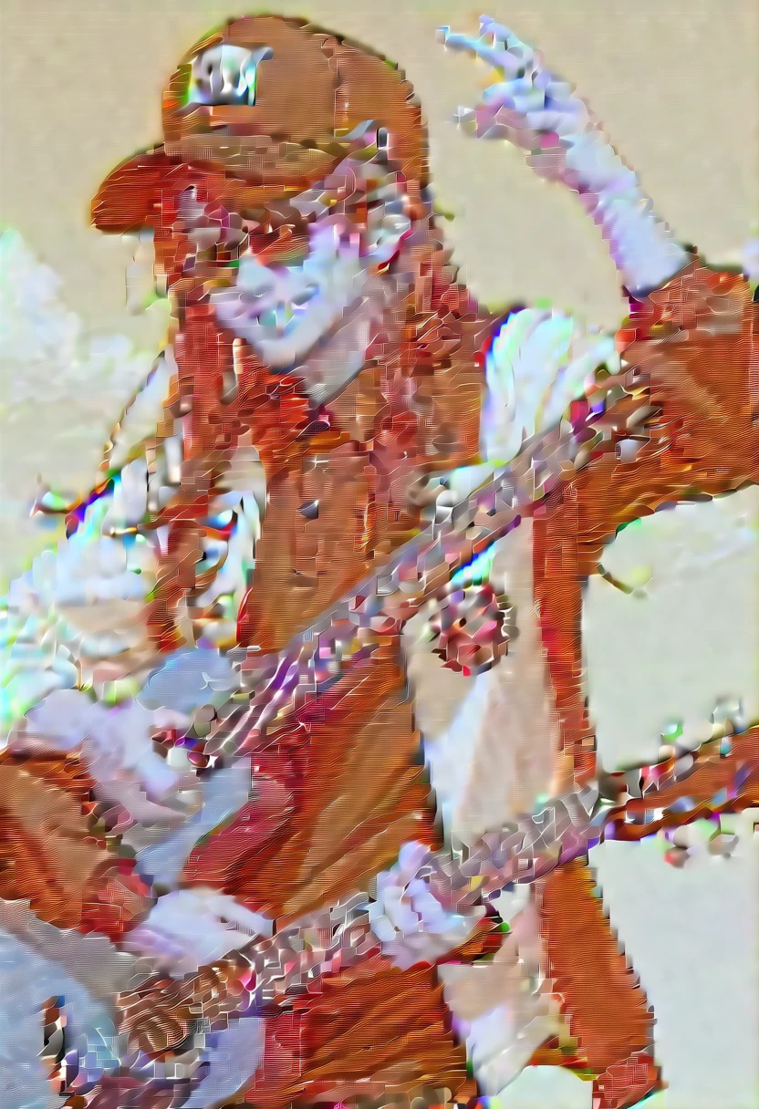 40 year old man with long hair with the attitude of a 24 year old young man wearing sunglasses a black fedor hat and having friendly facial expressions (like a smile) and that he has a relaxed posture that he has a guitar next to him. who wears an open jean jacket and a black polo shirt with the word MUST in white on the hat.