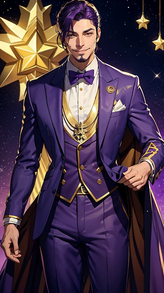 A tall, strong man wearing a purple suit with gold details and a smiling star mask that does not show his face 