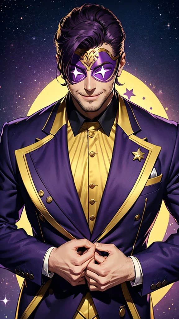 A tall, strong man wearing a purple suit with gold details and a smiling star mask that does not show his face