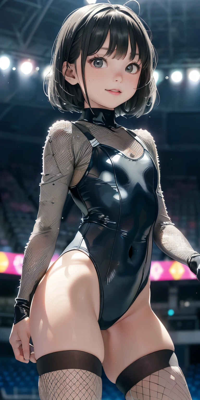 ( girl）、((Wearing a shiny long-sleeved grey leotard、Fishnet stockings that cover the entire buttocks))Close your lips and smile、Very short wavy hair、11-year-oldapa girlth a slim waist(Olympic Gymnastics Stadium)((Highest quality))Gymnast、sweating、、Transparent full body image、Thick and moist lips (Glowing Skin 1.7)Extreme close-up from below(((Looks sexy)))((masterpiece)、(1. Glowing Skin.1.4).(background Gymnastics arena、)、(((11-year-old girl)))&9;S yours in my face、((Wearing a shiny long-sleeved yellow leotard、Fishnet stockings that cover the entire buttocks)).Sexy pose、(Various poses)(Thick and soft lips)