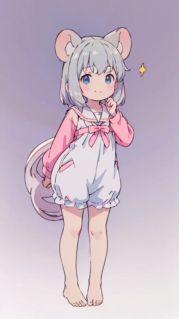 Naked, smoll stature, flat cheast, white hair