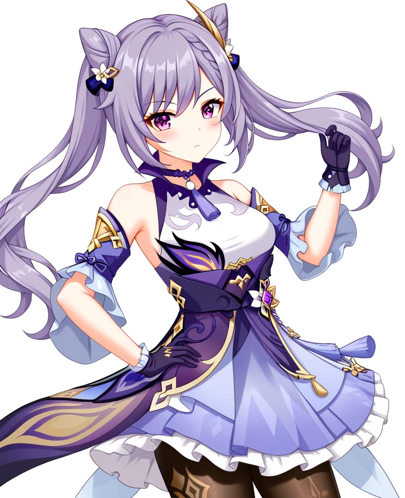 keqing (genshin impact), 1girl, solo, long hair, breasts, looking at viewer, blush, bangs, skirt, simple background, hair ornament, gloves, white background, dress, bare shoulders, twintails, purple eyes, purple hair, braid, pantyhose, frills, detached sleeves, choker, hair bun, hand on hip, black pantyhose, double bun, cone hair bun, purple gloves, neck tassel