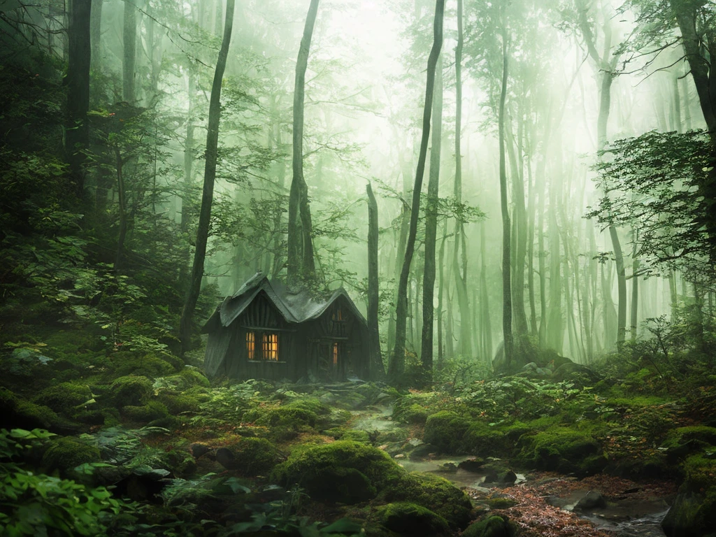 A cottage in a thick dark forest, high chaos, dark fairytale atmosphere, volumetric light, soft sunlight, intricate work by Johan Grenier style, Alyssa Monks style