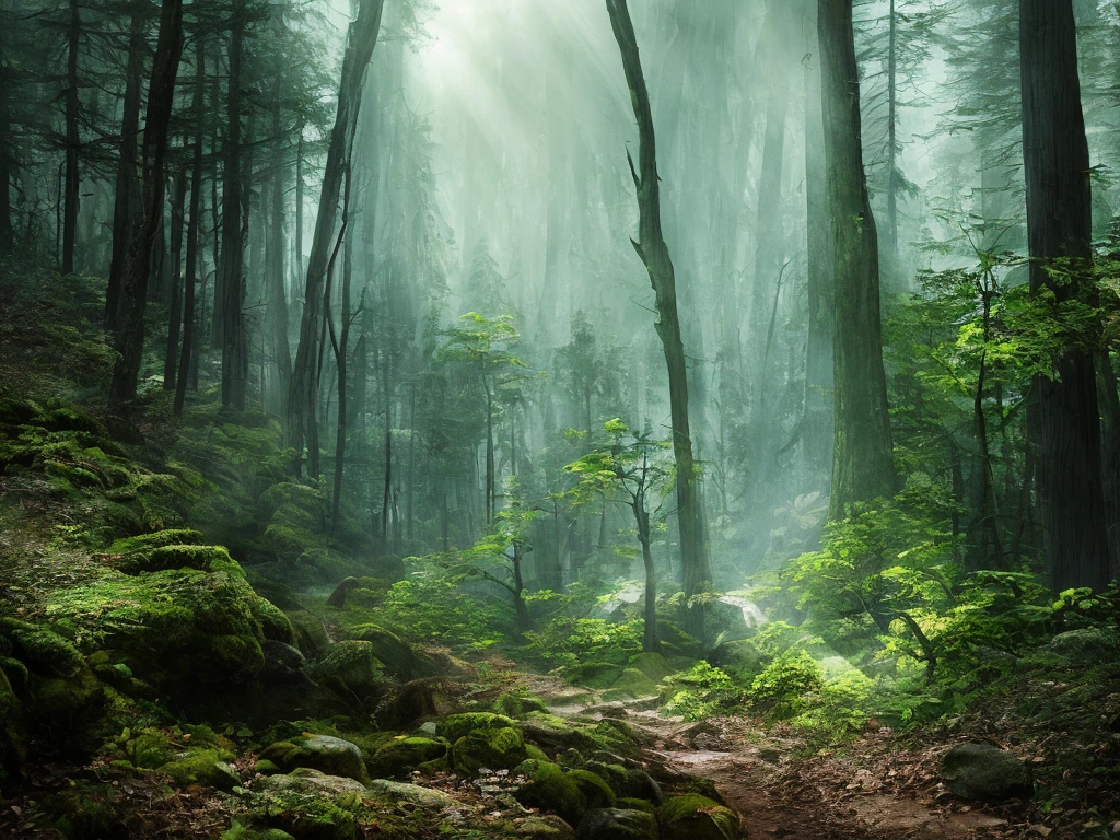 A cottage in a thick dark forest, high chaos, dark fairytale atmosphere, volumetric light, soft sunlight, intricate work by Johan Grenier style, Alyssa Monks style