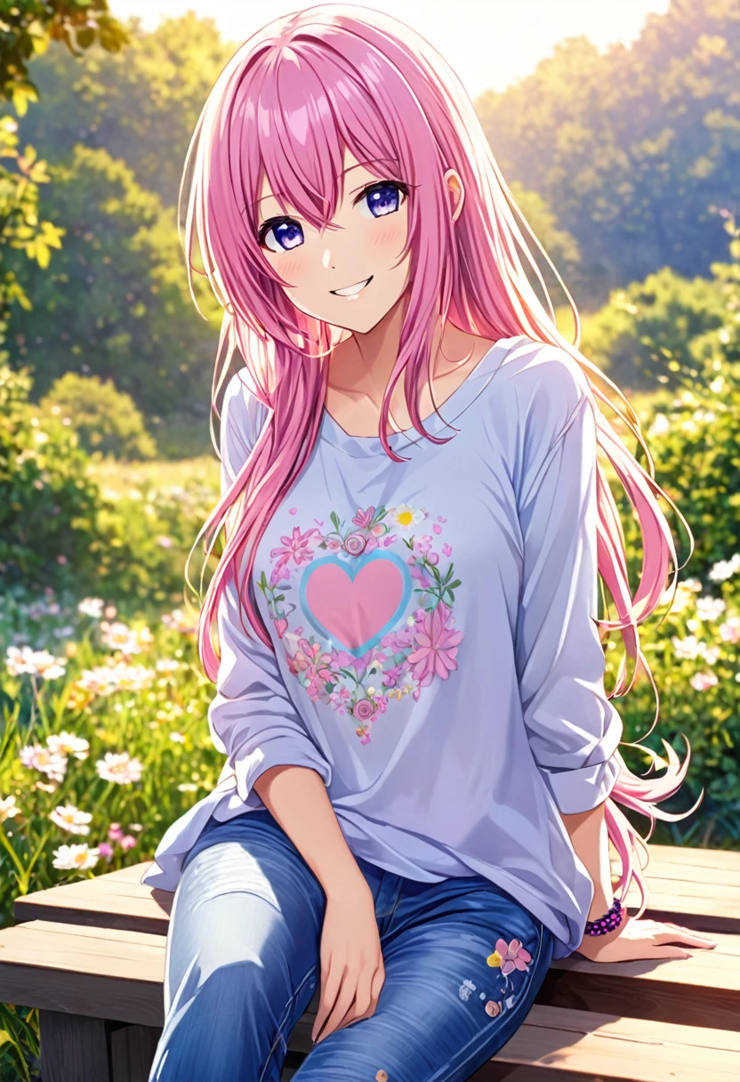 Megurine Luka smile casual clothes jeans colorful morning peace