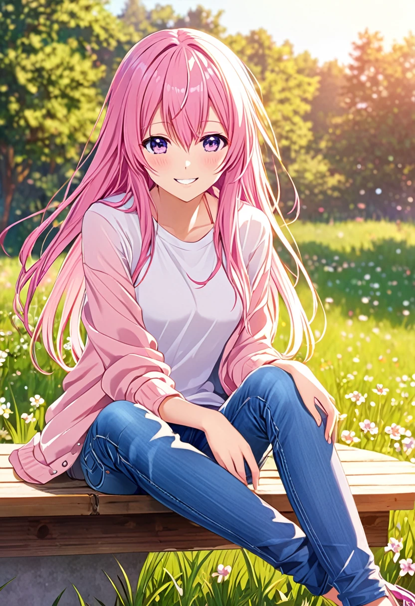 Megurine Luka smile casual clothes jeans colorful morning peace