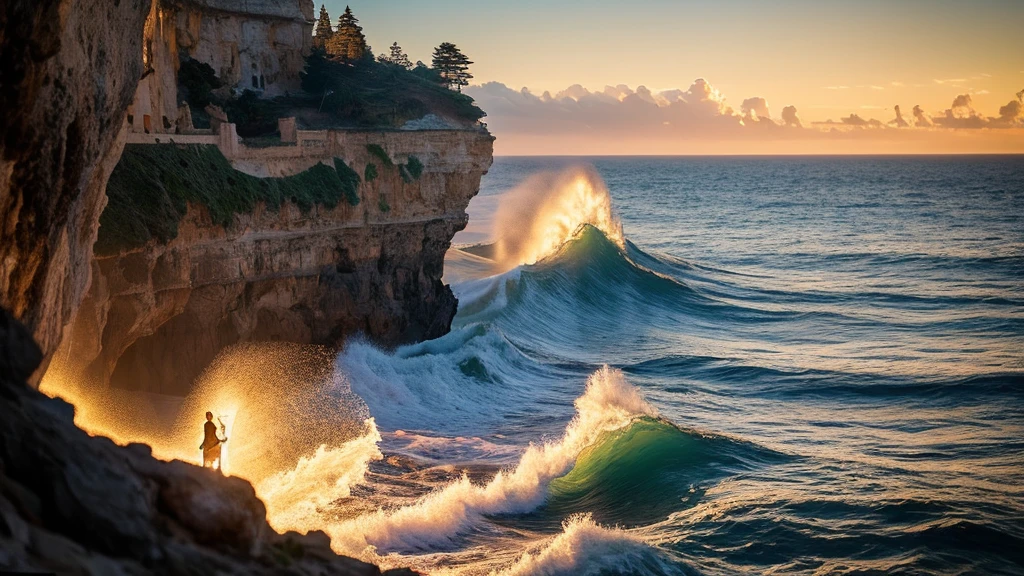 First floor: intricate, illuminated elaborate sculptures in white lace on a cliff in the open sea, waves crashing on the rocks, detailed creation, golden hour, exciting composition, spectacularly composed by a professional photographer from nature magazine