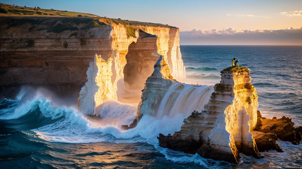 First floor: intricate, illuminated elaborate sculptures in white lace on a cliff in the open sea, waves crashing on the rocks, detailed creation, golden hour, exciting composition, spectacularly composed by a professional photographer from nature magazine