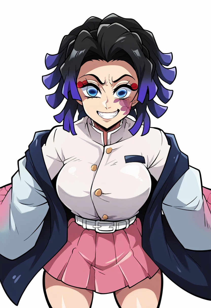 Draw a character in the animated art style of Kimetsu no Yaiba/Demon Slayer, with a vibrant and expressive appearance. Exaggerated features are essential, like big blue eyes, a subtle and fun smile, and a straight posture. The character must have short black hair and be wearing a tight skirt. The composition must include a dynamic angle, with a simple background so as not to distract from the main figure. The design must be beautiful and captivating, reflecting the lively and expressive style of the Kimetsu no Yaiba universe.