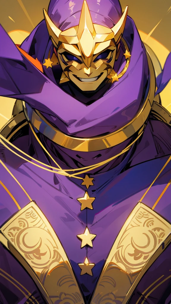 A tall, strong man wearing a purple suit with gold details and a smiling star mask that does not show his face