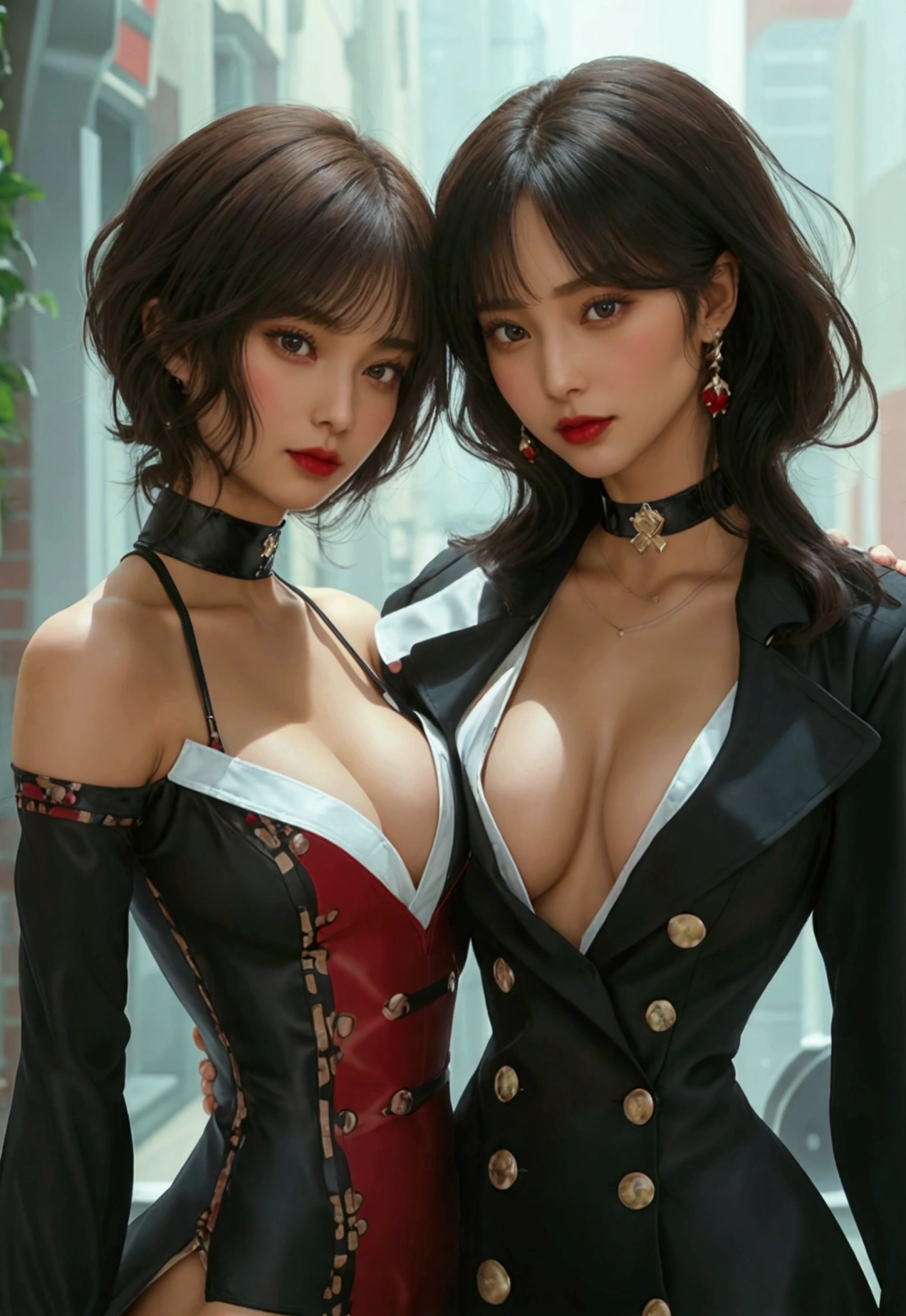 two women.at work place.hugging each other.One has very short and brown hair, a woman&#39;s black suit with a tight white shirt with the button open, red high-heeled shoes..The other woman has long and wavy black hair and is wearing a black coat and short skirt with a long choker, thin black tights, and red high heels..High Quality.High detail on the body..Full details in face, face, eyes and hands. Affection.Love.sexy.came.lesbian.Poseidon.Big and firm breasts.flat stomach.thin waist, narrow waisted.Fashion Show.Just reflective.عاشقانه two women.Lip Catching..touching each other