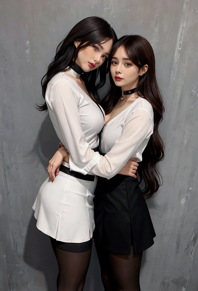 Couple of lesbian women, one with black hair with red highlights and bangs with brown skin, the other taller, black hair, white skin, long hair