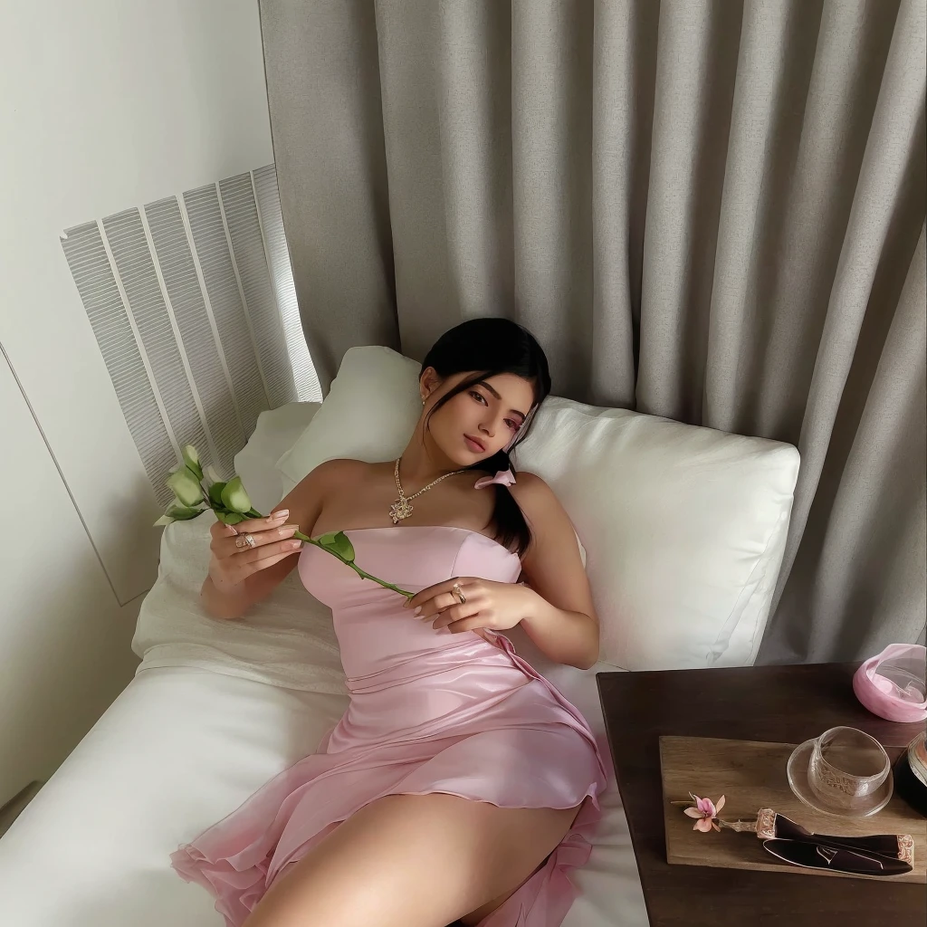 hyper realistic woman laying on a bed with a rose in her hand, soft beautiful HD skin, perfect body, looking directly at the camera, dressed in a pink dress, coquette girl vibe, pink silky dress, with pony tail with a pink ribbon, wearing pink floral gown, in a dress, wearing a pink dress, pink dress, sitting on her bed, kylie jenner, 🎀 🧟 🍓 🧚, sitting in her room, holding a flowers, soft silk dress