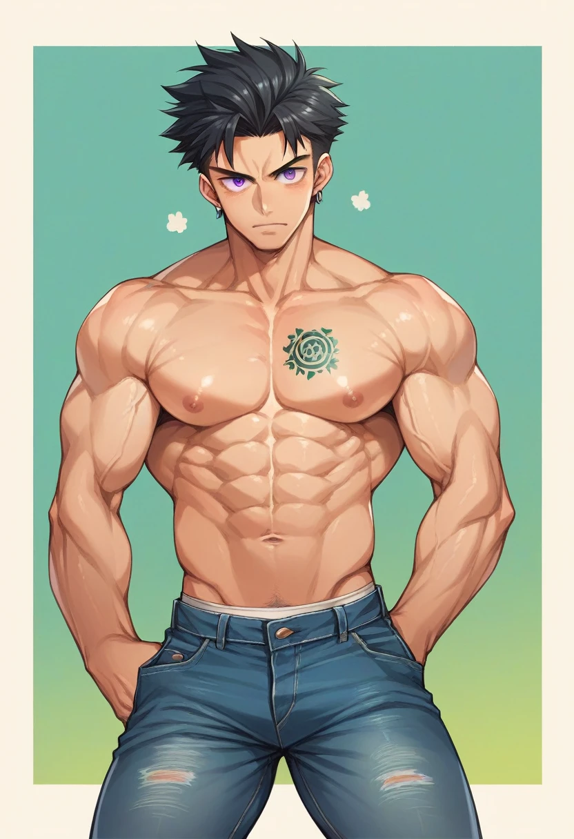 Um homem negro jovem, black hair with green tips, straight green and purple eyes, has hair on the chin and abdomen, muscled body, wearing no shirt, He wears sagging jeans where the edge of his white underwear shows, has crocodile tattoos on his chest and has earrings. Traços of Shumatsu no Valkyrie
