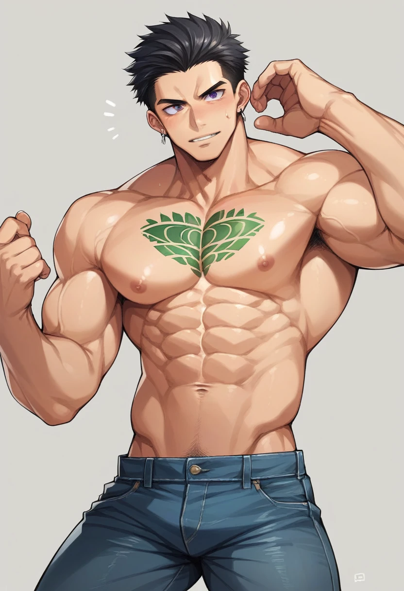 Um homem negro jovem, black hair with green tips, straight green and purple eyes, has hair on the chin and abdomen, muscled body, wearing no shirt, He wears sagging jeans where the edge of his white underwear shows, has crocodile tattoos on his chest and has earrings. Traços of Shumatsu no Valkyrie