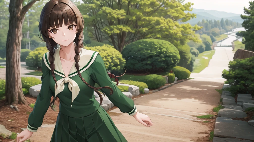 masterpiece, Highest quality, High resolution, Ayayoshino, , Long Hair, Twin Blade, Brown eyes, Hair that falls over the shoulders, , Sailor collar, neckerchief, Green Shirt, One piece sailor shirt, Long sleeve, Green Skirt, Long skirt, Are standing, Cowboy Shot, Outdoor, Person on the right, Shining Face