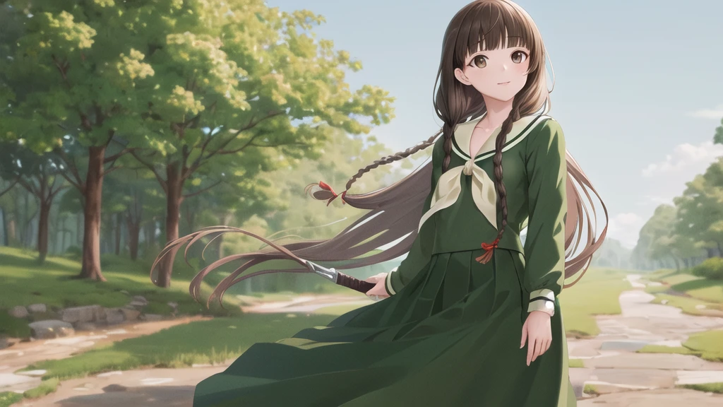 masterpiece, Highest quality, High resolution, Ayayoshino, , Long Hair, Twin Blade, Brown eyes, Hair that falls over the shoulders, , Sailor collar, neckerchief, Green Shirt, One piece sailor shirt, Long sleeve, Green Skirt, Long skirt, Are standing, Cowboy Shot, Outdoor, Person on the right, Shining Face