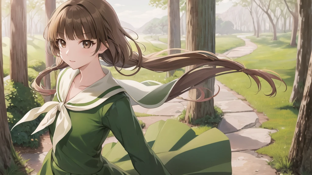masterpiece, Highest quality, High resolution, Ayayoshino, , Long Hair, Twin Blade, Brown eyes, Hair that falls over the shoulders, , Sailor collar, neckerchief, Green Shirt, One piece sailor shirt, Long sleeve, Green Skirt, Long skirt, Are standing, Cowboy Shot, Outdoor, Person on the right, Shining Face