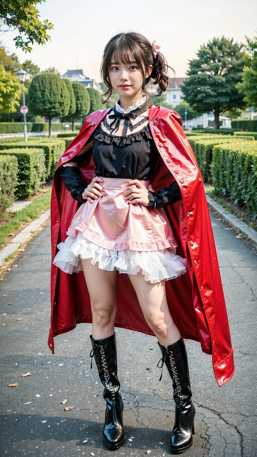 (8K、RAW Photos、Highest quality、masterpiece:1.2)、(Highest quality、Realistic)、1 Girl、((ribbon、Sweater Moon Costume、See-through、Frills、Big Breasts、Breast enlargement、smile、pink、and black、Lace cloak、mini skirt、Thin legs、whole body、boots、garden、View from the front、Looking into the camera、Idol Costume、Stand with hands on hips))、cute