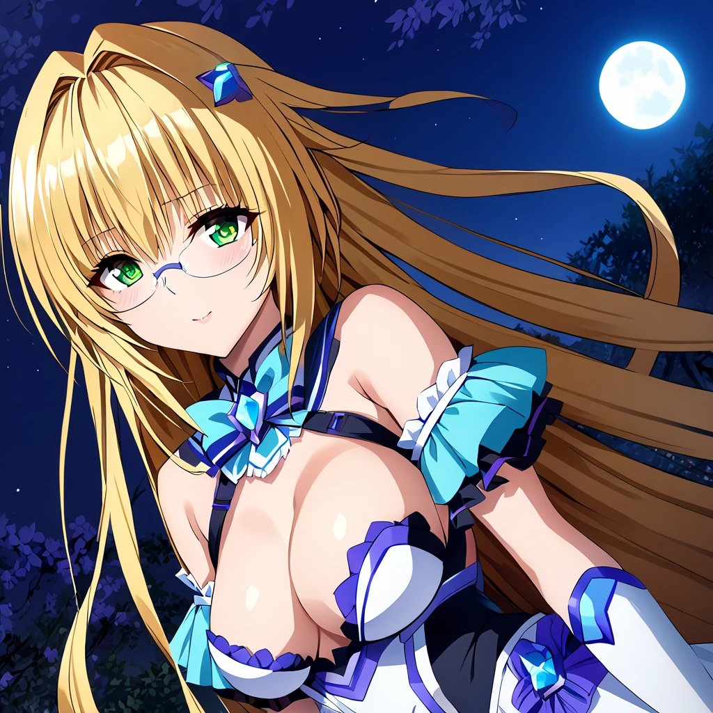 ((Highest quality)), ((masterpiece)), (detailed), (Perfect Face)、The woman is Tiare, a green-eyed, blonde, medium-long-haired transforming heroine called Extia Spica, posing with the night moon in the background.