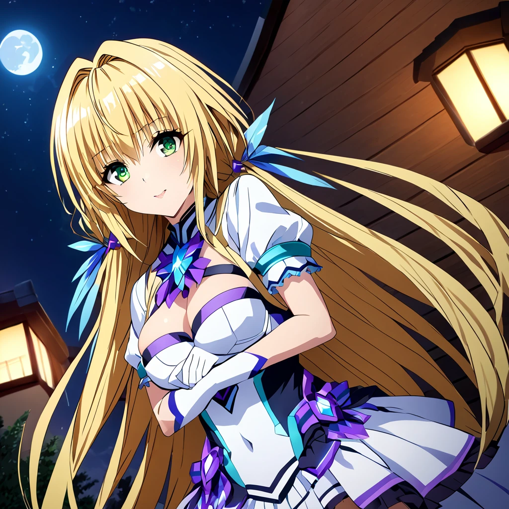 ((Highest quality)), ((masterpiece)), (detailed), (Perfect Face)、The woman is Tiare, a green-eyed, blonde, medium-long-haired transforming heroine called Extia Spica, posing with the night moon in the background.