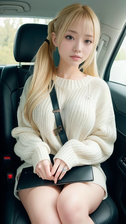 Highest quality、masterpiece、、21 years old、Realistic、G-cup breasts、Strange Eyes、White knit sweater、Bright golden hair,Twin tails, ((Highest quality、8K、masterpiece:1.3))、Browsing Caution、sitting in the passenger seat of a car、Fasten your seatbelt，Close-up of a woman seen from the driver&#39;s perspective&#39;seat