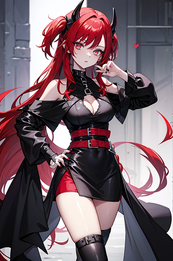 The character depicted in the image has a striking and elegant appearance. She has long, straight red hair that cascades down past her waist. Her eyes are a vivid turquoise color, giving her an intense and captivating gaze. On her head, she has black, horn-like accessories that add a dramatic and somewhat dark element to her look.
She is dressed in a stylish, off-shoulder black outfit with long sleeves. The top of her dress features a heart-shaped neckline with a jagged design, showing a portion of her chest. Around her neck, she wears a black choker with a design that mimics a lace pattern.
Her outfit includes a short, fitted black skirt with a high slit in the front, revealing her thighs. A red belt with a silver buckle cinches her waist, adding a pop of color to her dark ensemble. She wears thigh-high black stockings and black shoes with a decorative chain detail on the front.
Overall, her look is both elegant and edgy,