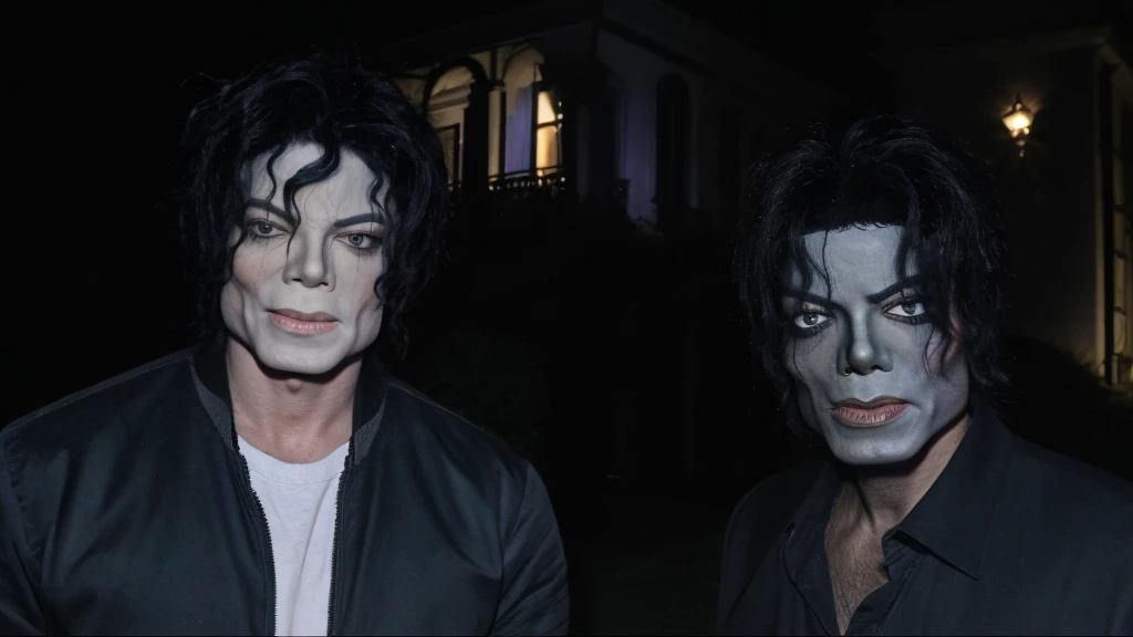 Scary and ultra-realistic image of a haunted mansion in Hollywood with Michael Jackson, standing in front of the mansion, looking ahead with scared expression, on a dark and scary night