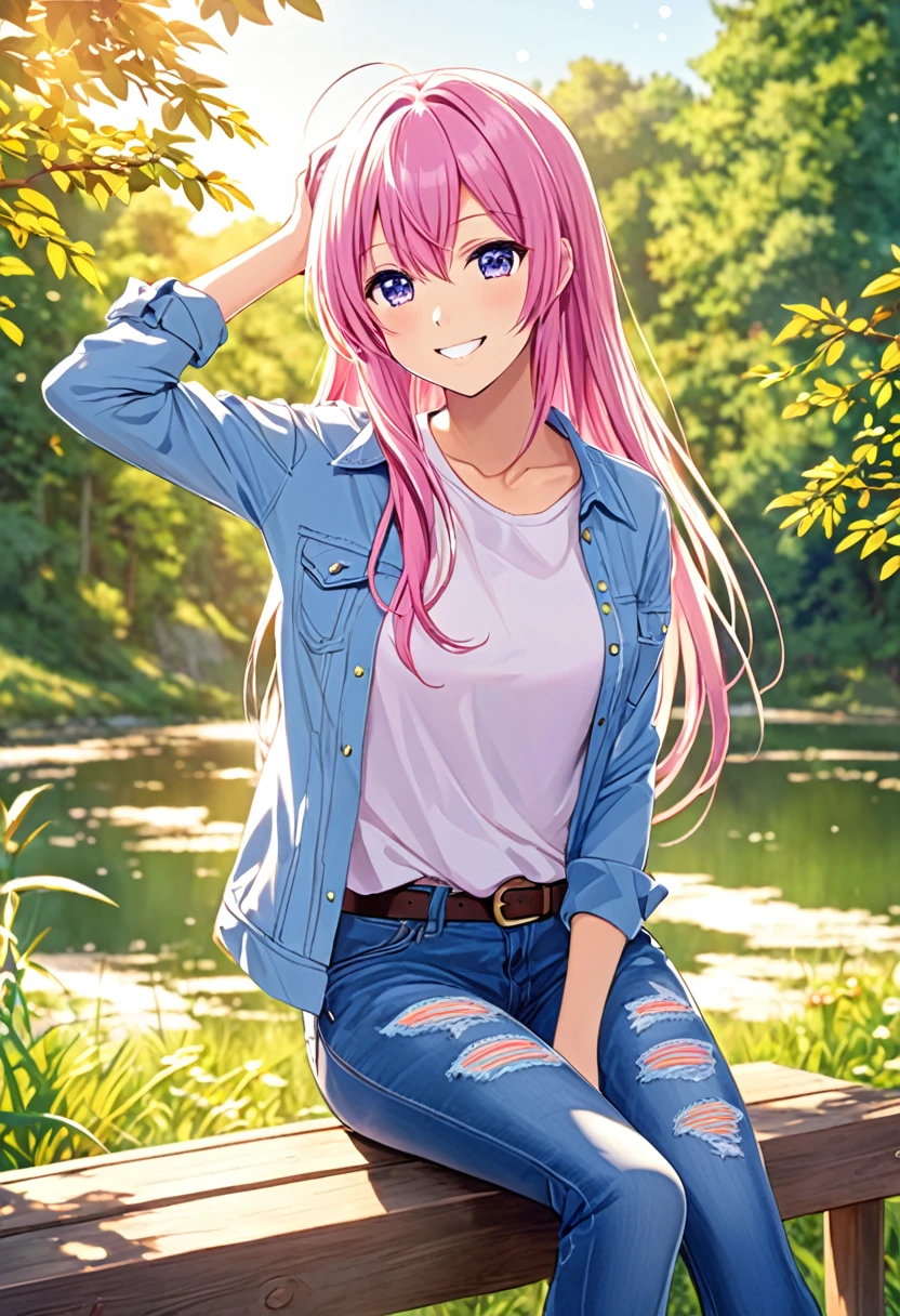 Megurine Luka smile casual clothes jeans colorful morning peace