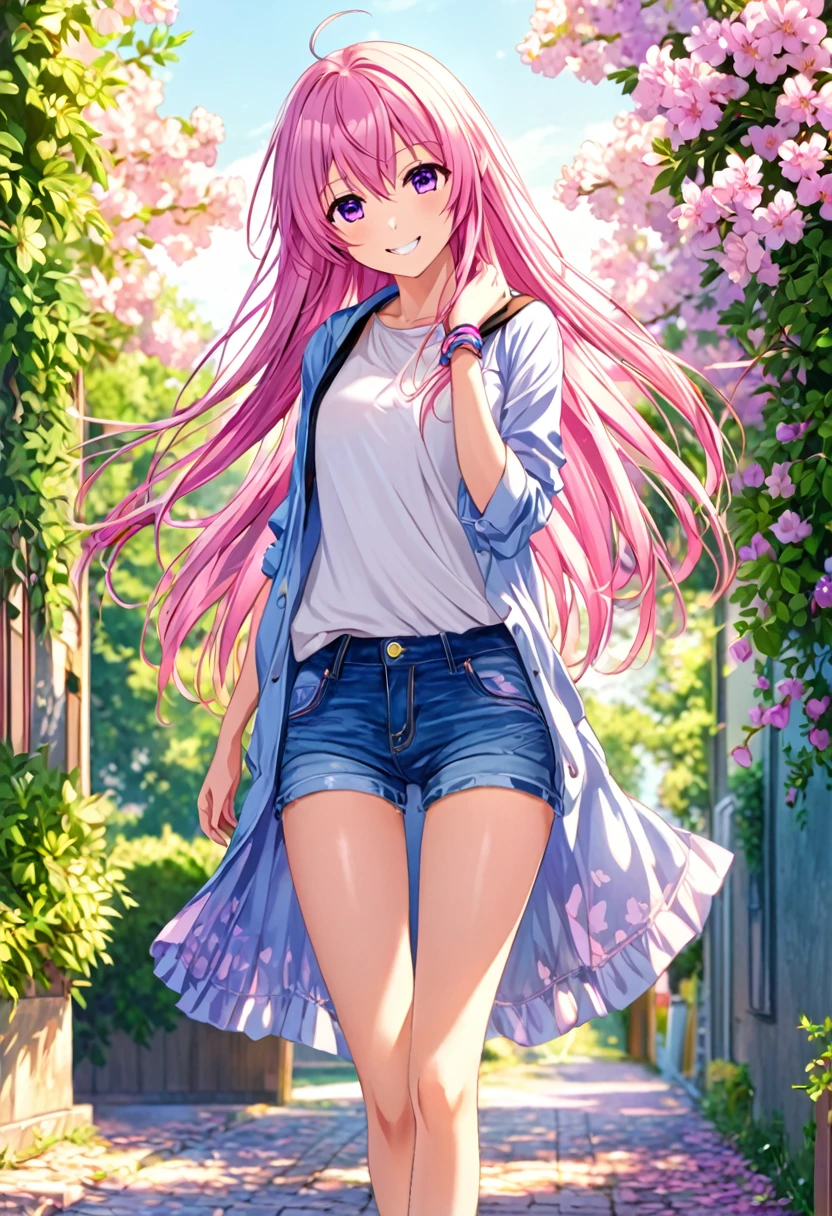 Megurine Luka smile casual clothes jeans colorful morning peace