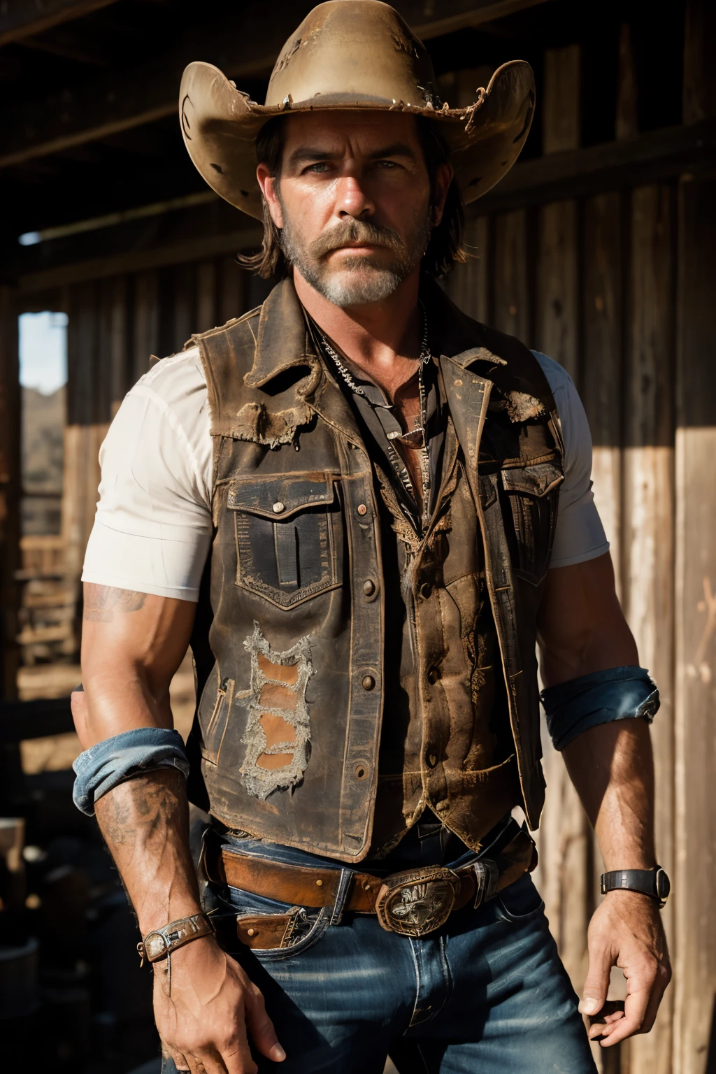 (Best quality, Ultra detailed: 1.2), High contrast black and white photography, ( cowboy-inspired: 1.3), cangaceiro hat, bandana, long mustache, worn leather vest, denim jeans, worn boots, holster and revolver, rugged terrain, muted colors, low sunlight, dramatic shadows, (squinting eyes: 1.2), (distressed face: 1.5), (tough and weathered appearance: 1.1), (lean and muscular build: 1.4), (brown skin: 1.2), (scruffy beard: 0.8), (rough texture: