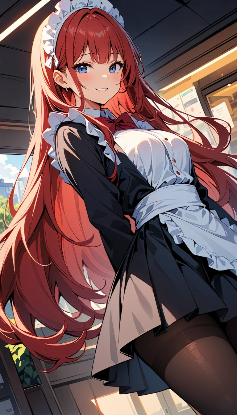(high quality, 8 k, 4K, high contrast, masterpiece:1.2, 最high quality, best aesthetics), beauty, maid, Very detailed, Seductive and erotic girl in a lace headdress, smile, (Red hair, Super long straight hair), focus on the face, focus on the face, compound eyes, Tights, 40デニールの黒Tights, coffee shop, low angle shot, dynamic angle,