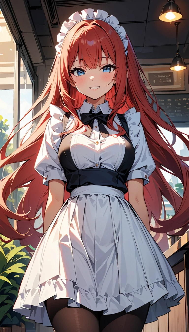 (high quality, 8 k, 4K, high contrast, masterpiece:1.2, 最high quality, best aesthetics), beauty, maid, Very detailed, Seductive and erotic girl in a lace headdress, smile, (Red hair, Super long straight hair), focus on the face, focus on the face, compound eyes, Tights, 40デニールの黒Tights, coffee shop, low angle shot, dynamic angle,