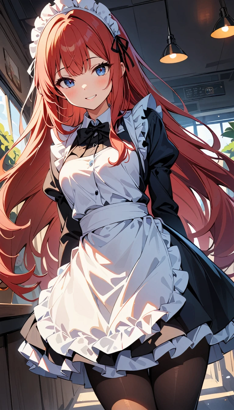 (high quality, 8 k, 4K, high contrast, masterpiece:1.2, 最high quality, best aesthetics), beauty, maid, Very detailed, Seductive and erotic girl in a lace headdress, smile, (Red hair, Super long straight hair), focus on the face, focus on the face, compound eyes, Tights, 40デニールの黒Tights, coffee shop, low angle shot, dynamic angle,