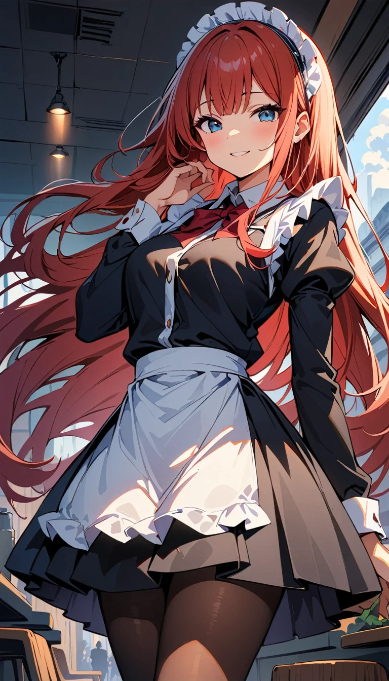 (high quality, 8 k, 4K, high contrast, masterpiece:1.2, 最high quality, best aesthetics), beauty, maid, Very detailed, Seductive and erotic girl in a lace headdress, smile, (Red hair, Super long straight hair), focus on the face, focus on the face, compound eyes, Tights, 40デニールの黒Tights, coffee shop, low angle shot, dynamic angle,