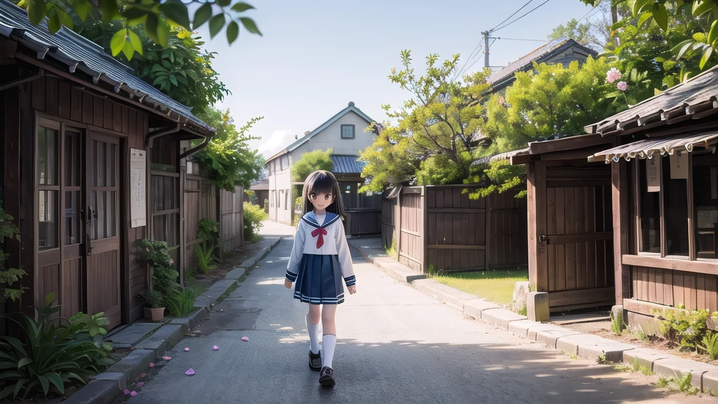 (masterpiece), town, blue sky, One Girl, smile, alone, Sailor suit、Long skirt, Overgrown, petal, plant、Skirt lining、Translucent slip、nostalgic