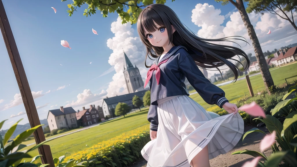 (masterpiece), town, blue sky, One Girl, smile, alone, Sailor suit、Long skirt, Overgrown, petal, plant、Skirt lining、Translucent slip、nostalgic