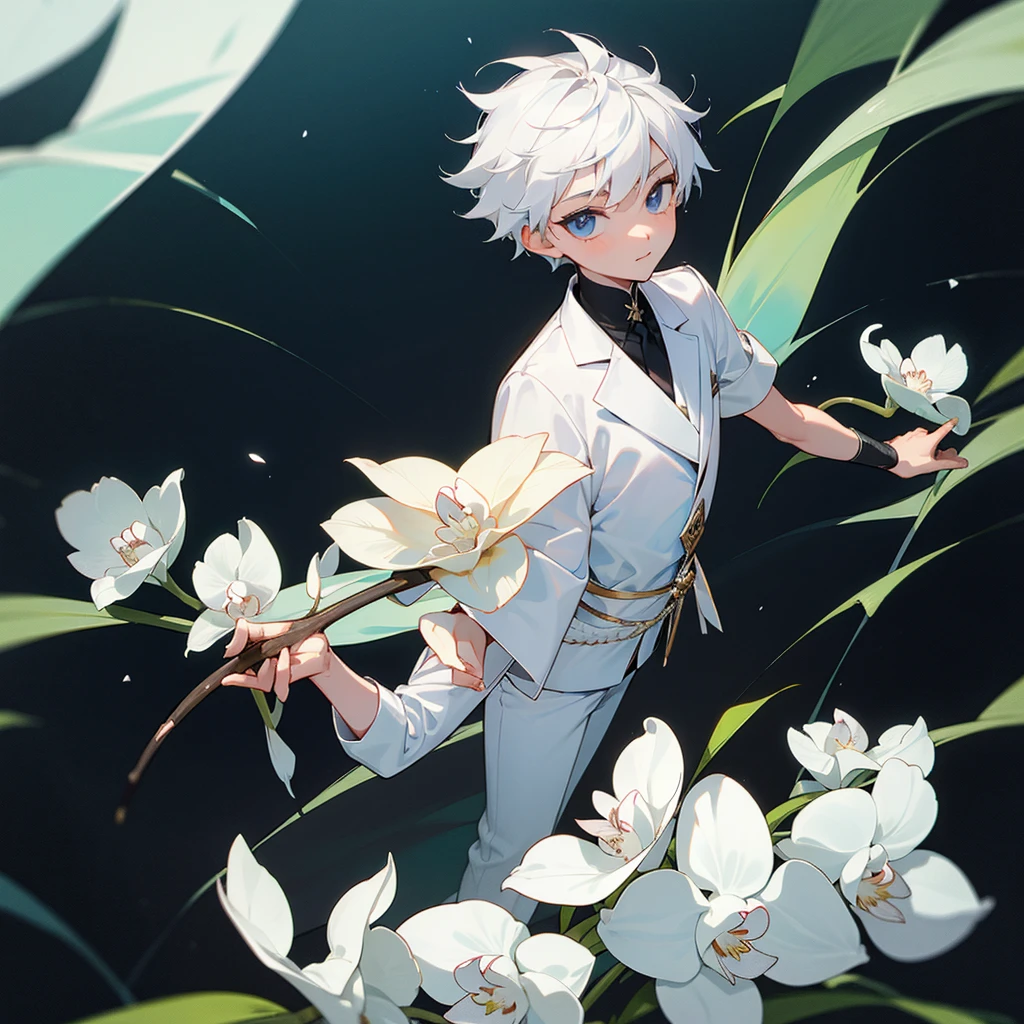 A young boy who has a slit in his forearm, and inside there are white orchid flowers, and he picked one of those flowers.