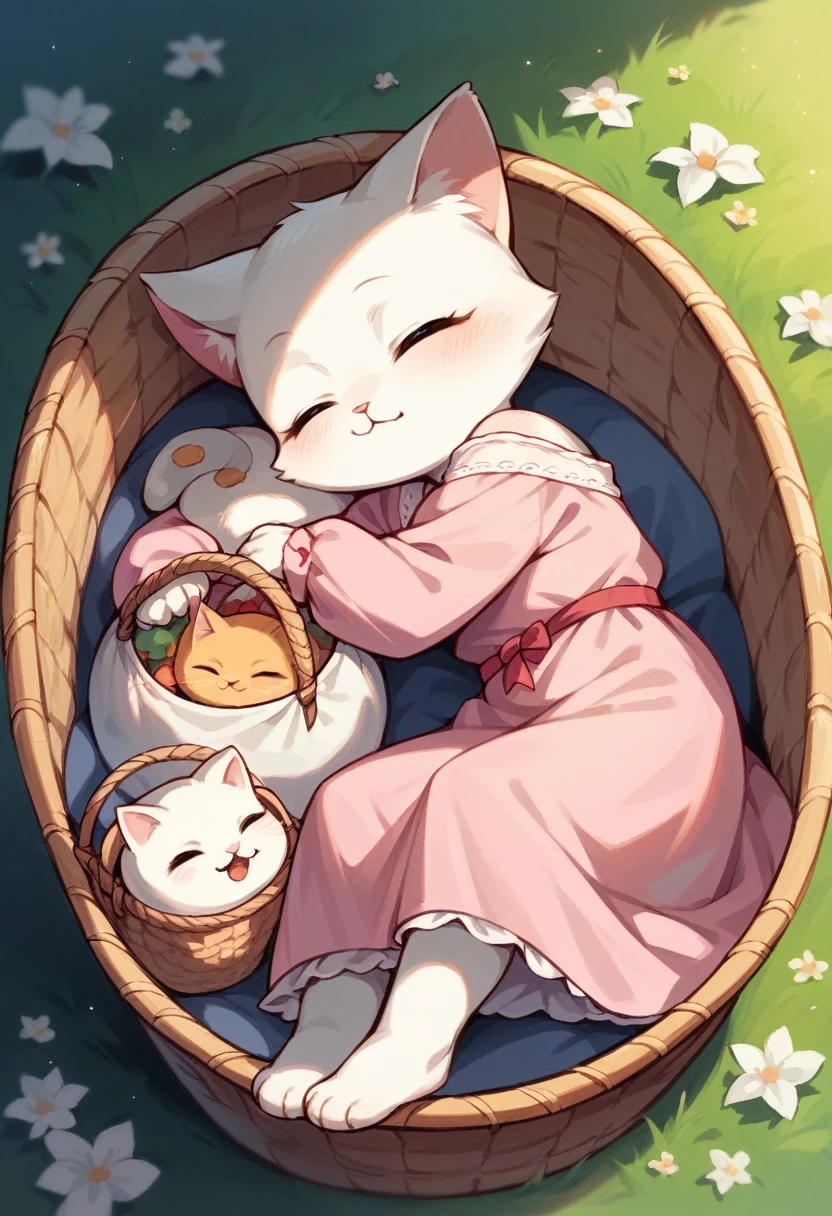 Cute little beautiful female cat wearing a cute pink dress sitting in her sleeping basket