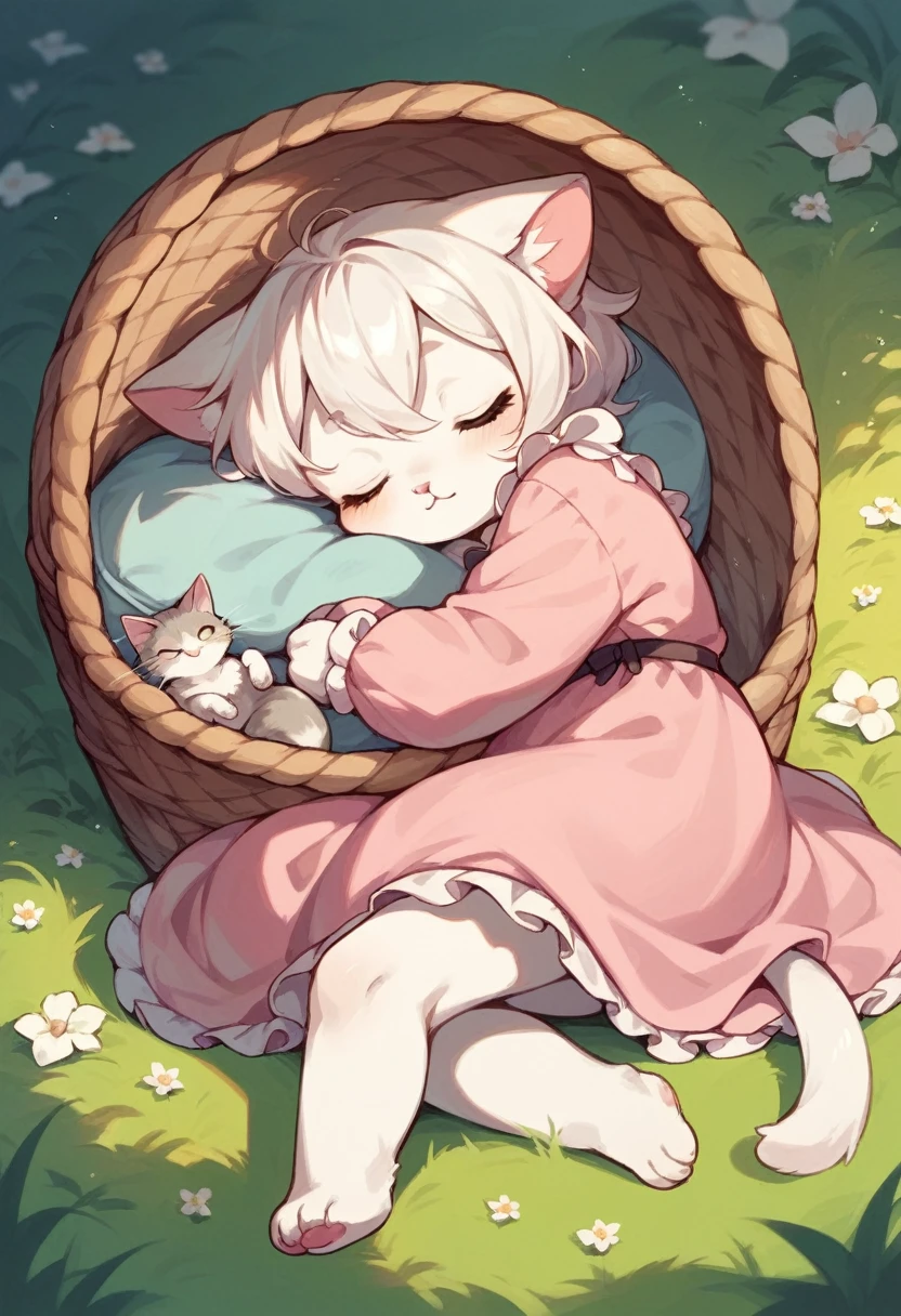 Cute little beautiful female cat wearing a cute pink dress sitting in her sleeping basket