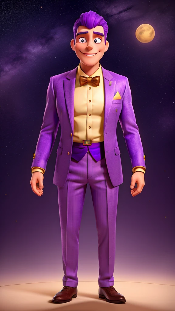 A tall, strong man wearing a purple suit with gold details and a smiling star mask that does not show his face