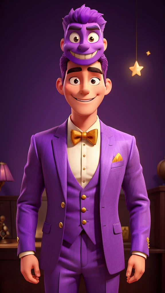 A tall, strong man wearing a purple suit with gold details and a smiling star mask that does not show his face