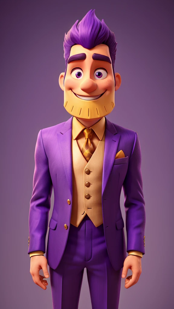 A tall, strong man wearing a purple suit with gold details and a smiling star mask that does not show his face 