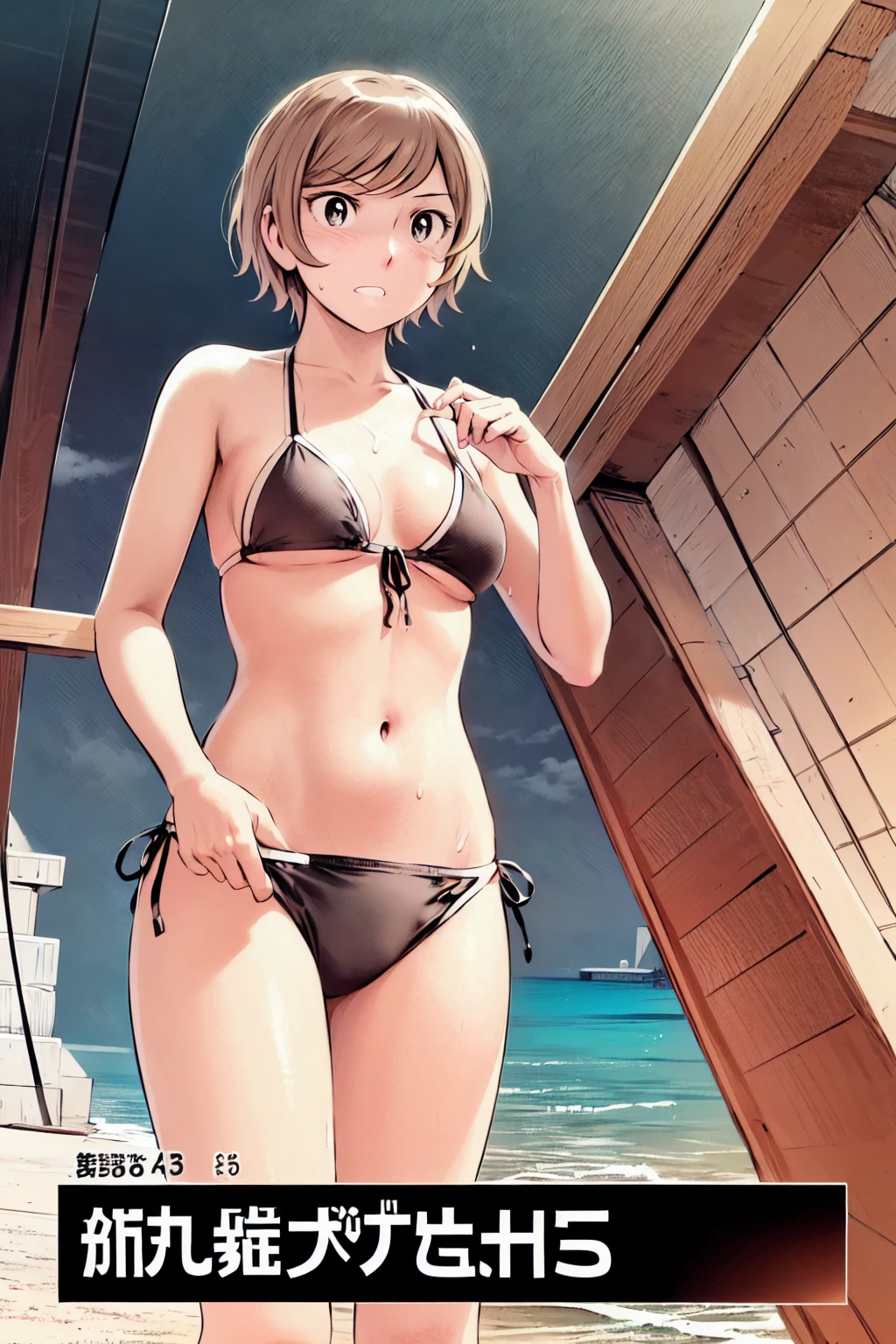 、(masterpiece、Highest quality)、Highest quality, Ultra-high resolution, (((masterpiece))), alone, Sweat、Big eyes, Composition from the front、Shortcuts、Embarrassed face、Bronze colored hair、Cut your hair short、Ocean、Beach、Black Micro Bikini、belly button、short hair、(Bronze colored hair)