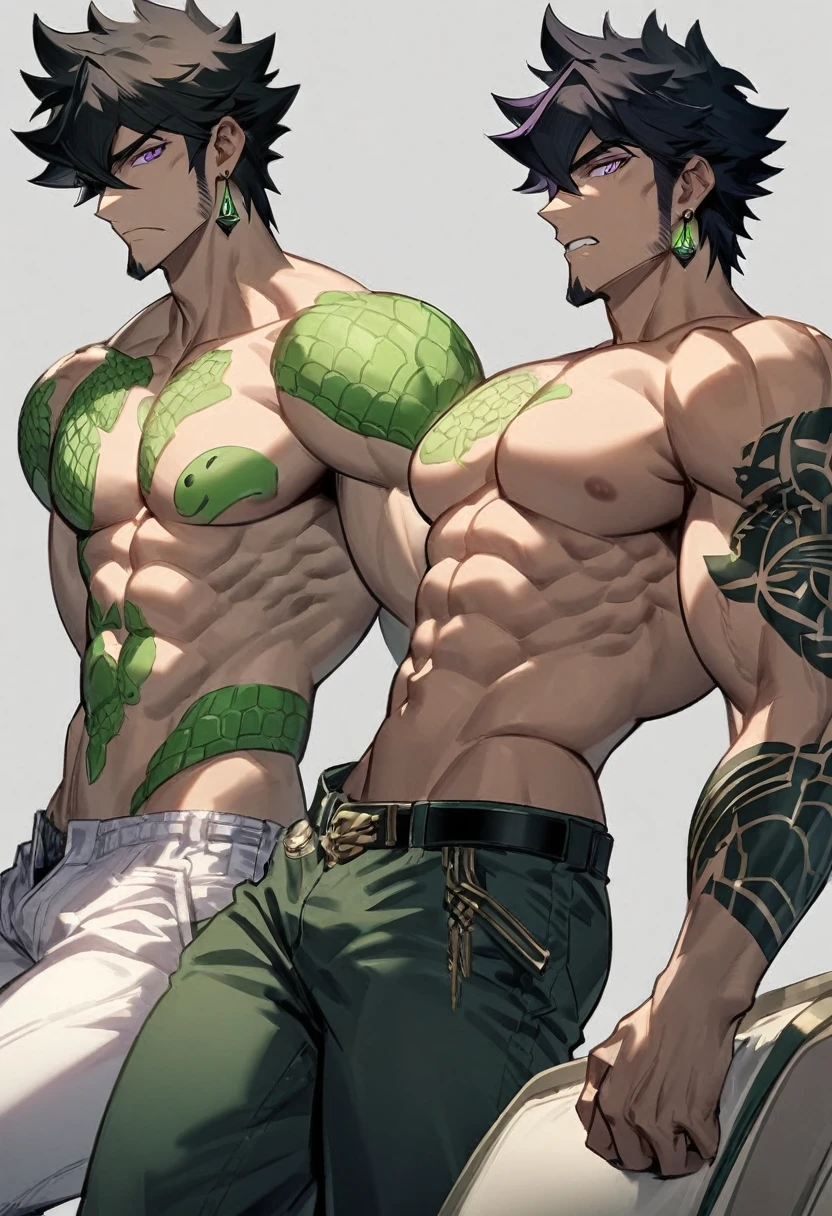 Um homem negro jovem, black hair with green tips, straight green and purple eyes, has hair on the chin and abdomen, muscled body, wearing no shirt, He wears sagging jeans where the edge of his white underwear shows, has crocodile tattoos on his chest and has earrings. Traços of Shumatsu no Valkyrie