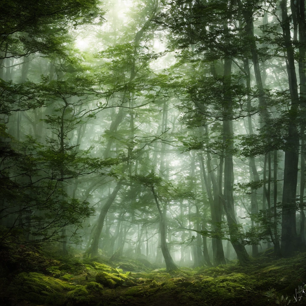 A cottage in a thick dark forest, high chaos, dark fairytale atmosphere, volumetric light, soft sunlight, intricate work by Johan Grenier style, Alyssa Monks style